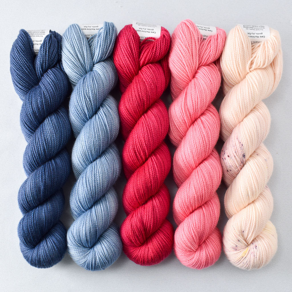 Stowaway, Stonewashed, Scarlet Pimpernel, Adsnean Flamingo, and Sweetheart - Miss Babs Quirky Quintet Set