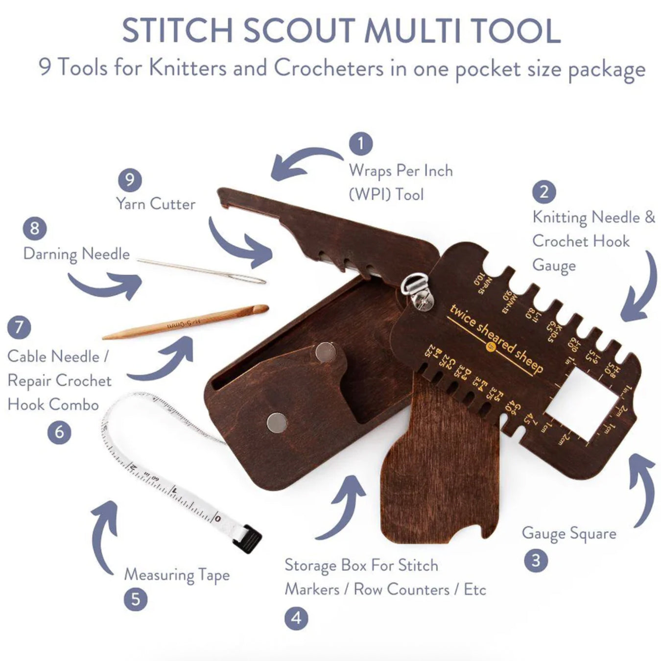 Twice Sheared Sheep Stitch Scout Multi-Tool for Knitters & Crocheters