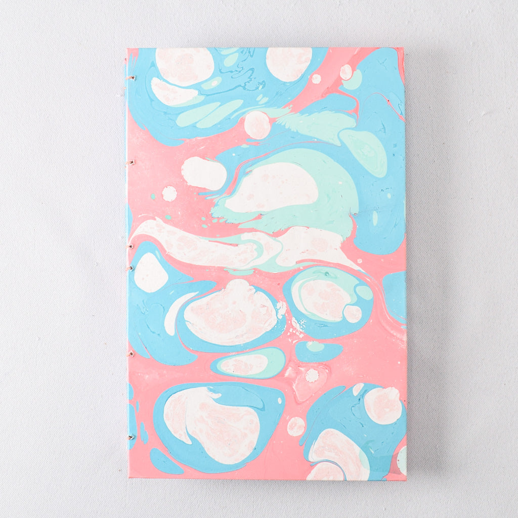Large Handmade Journal with Coral, Aqua, and Turquoise Marbled Cover