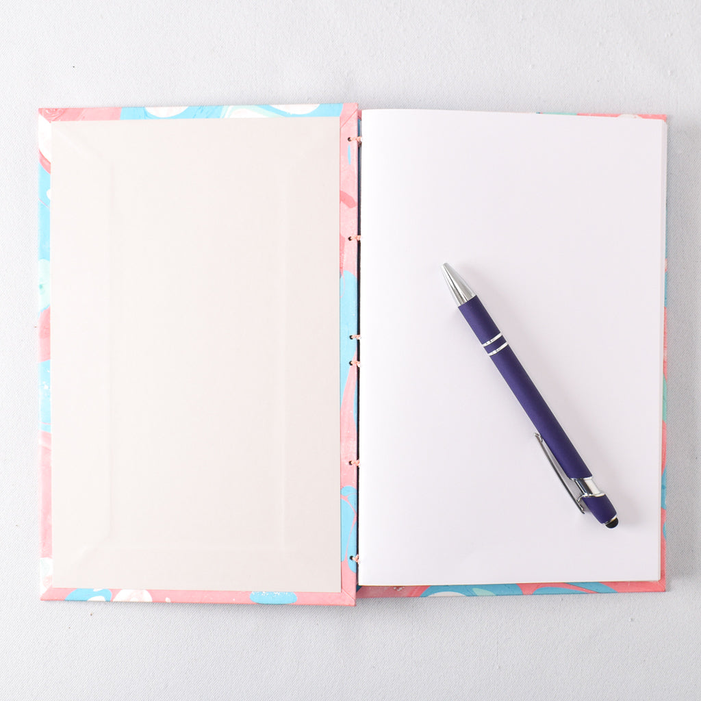 Large Handmade Journal with Coral, Aqua, and Turquoise Marbled Cover