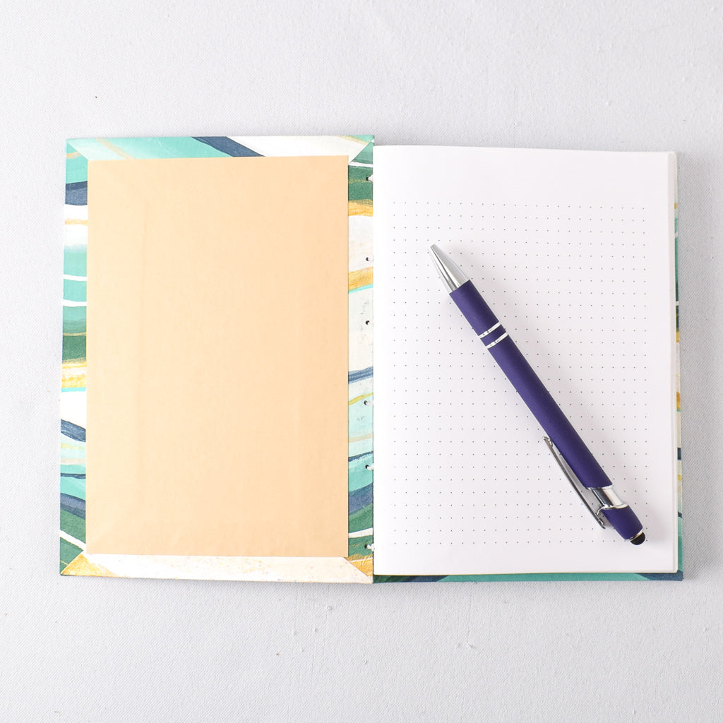 Medium Handmade Journal with Green, Gold, White, and Glitter Hand Painted Cover