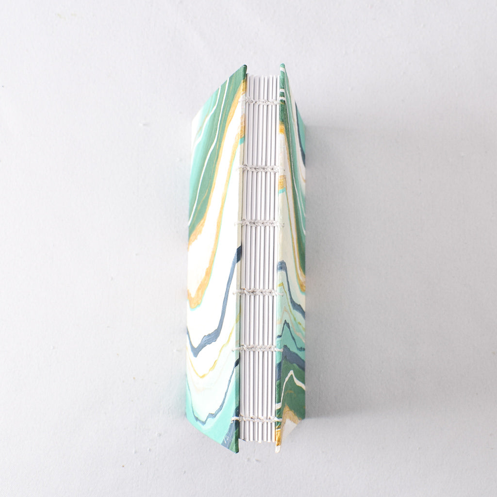 Medium Handmade Journal with Green, Gold, White, and Glitter Hand Painted Cover