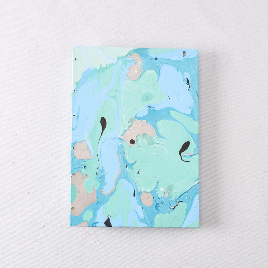 Medium Handmade Journal with Aqua, Turquoise, and Light Blue Marbled Paper Cover