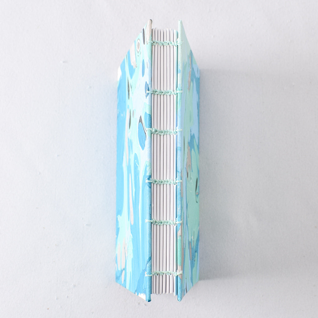 Medium Handmade Journal with Aqua, Turquoise, and Light Blue Marbled Paper Cover