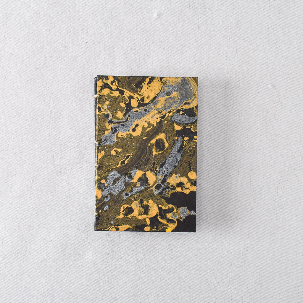 Pocket Handmade Journal with Black, Gold, and Silver Marbled Cover