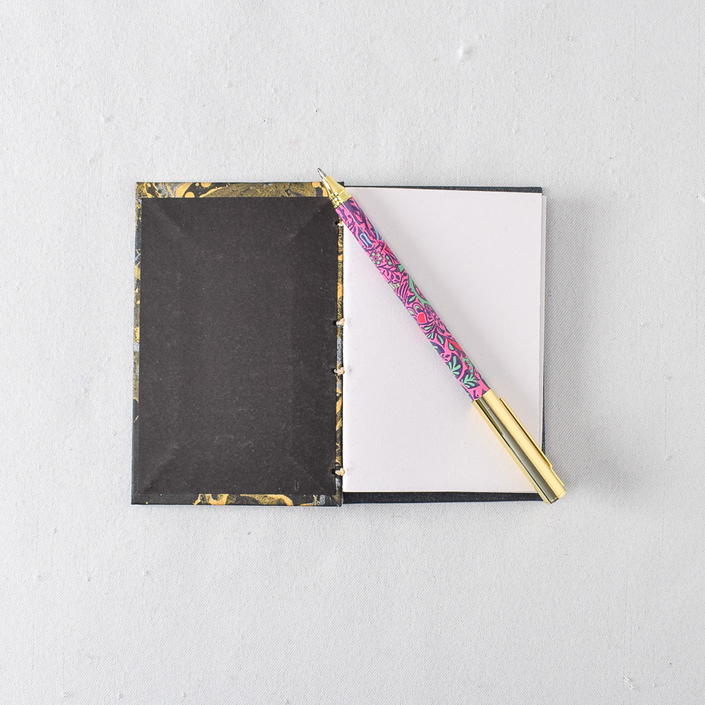 Pocket Handmade Journal with Black, Gold, and Silver Marbled Cover