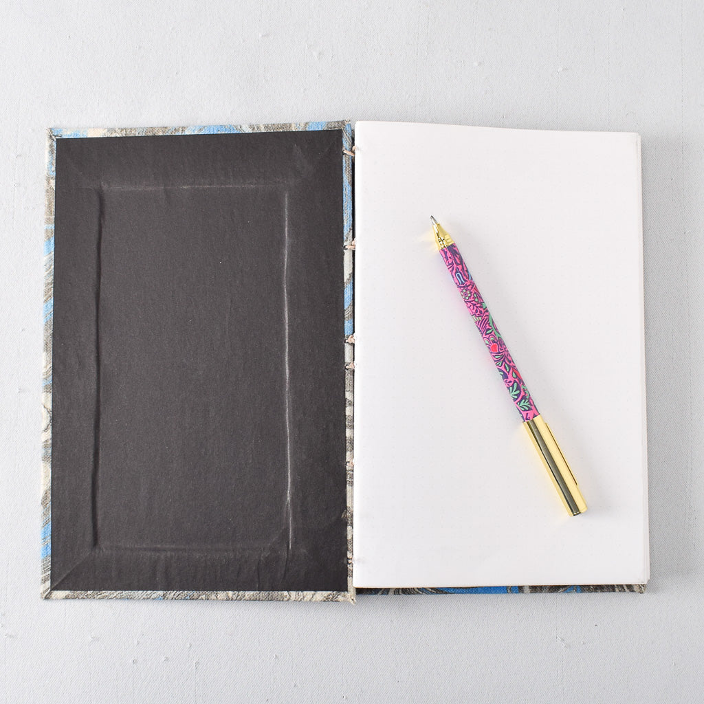 Large Handmade Journal with Blue and Black Marbled Cover