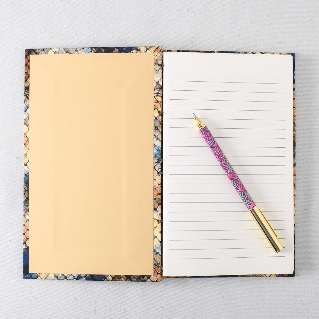 Large Handmade Journal with Blue and Gold Patterned Cover