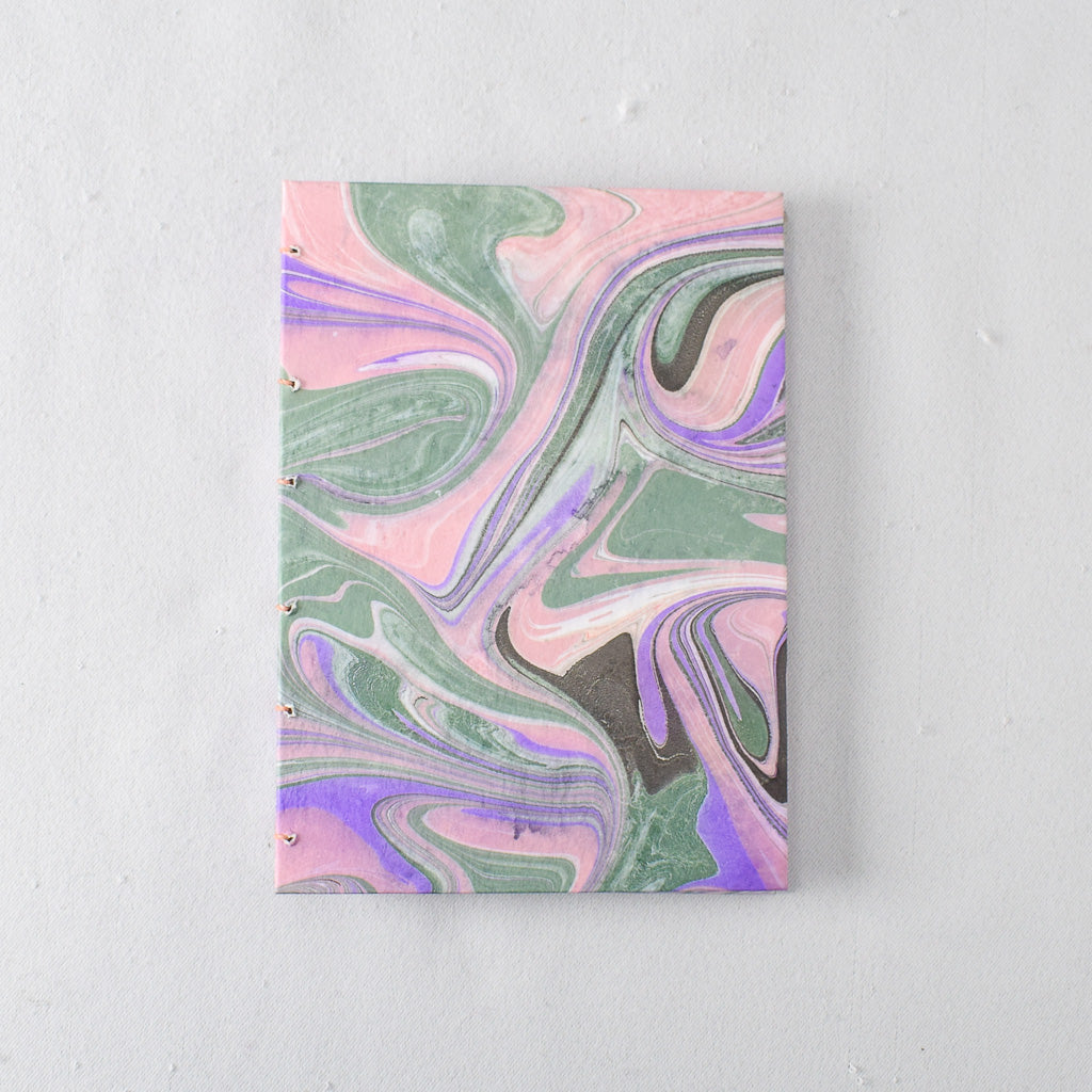 Medium Handmade Journal with Green, Pink, and Purple Marbled Cover