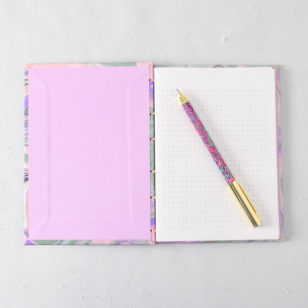 Medium Handmade Journal with Green, Pink, and Purple Marbled Cover