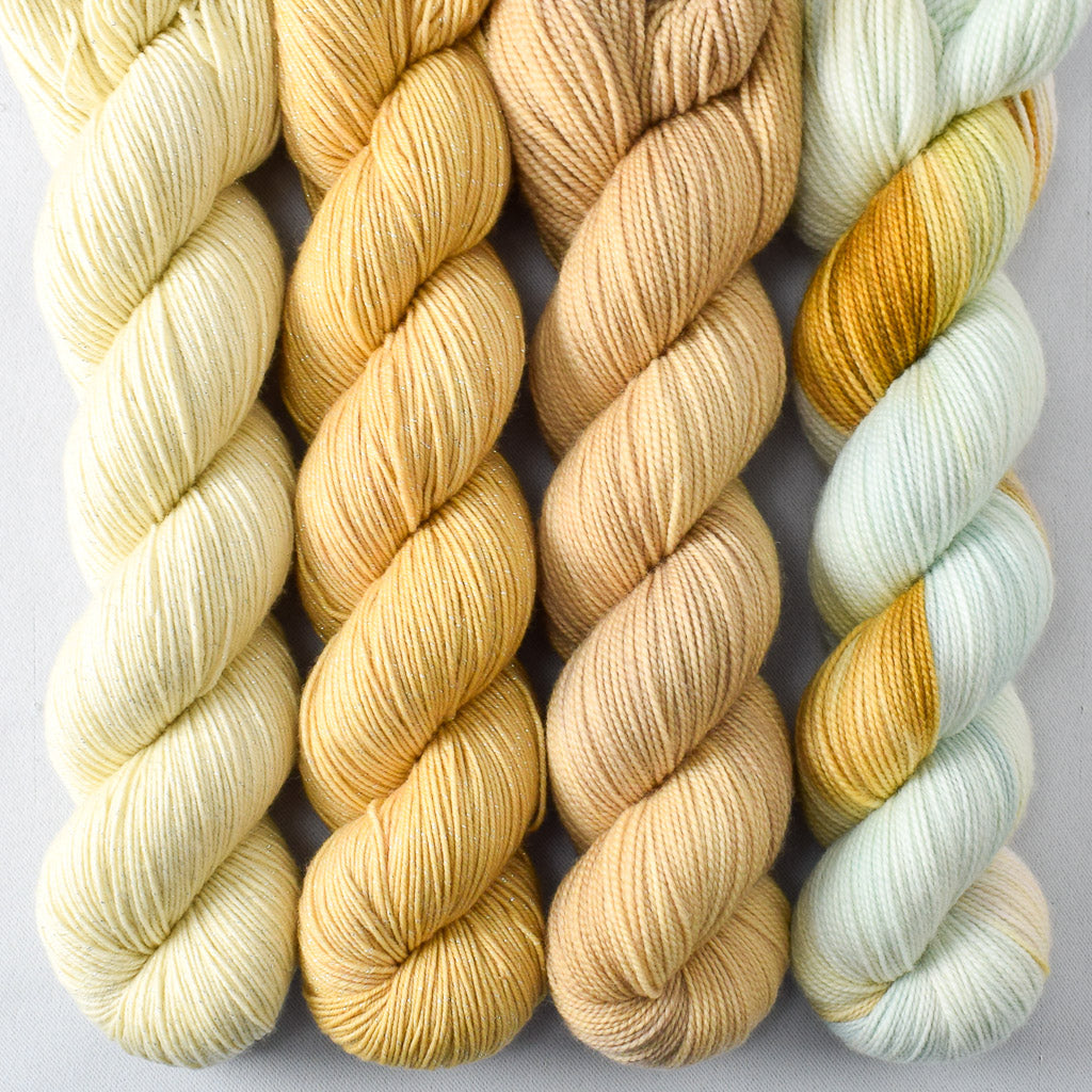 Jonquil, Electrum, Sandy Cove, Mantis - Miss Babs Yummy 2-Ply and Estrellita Quartet