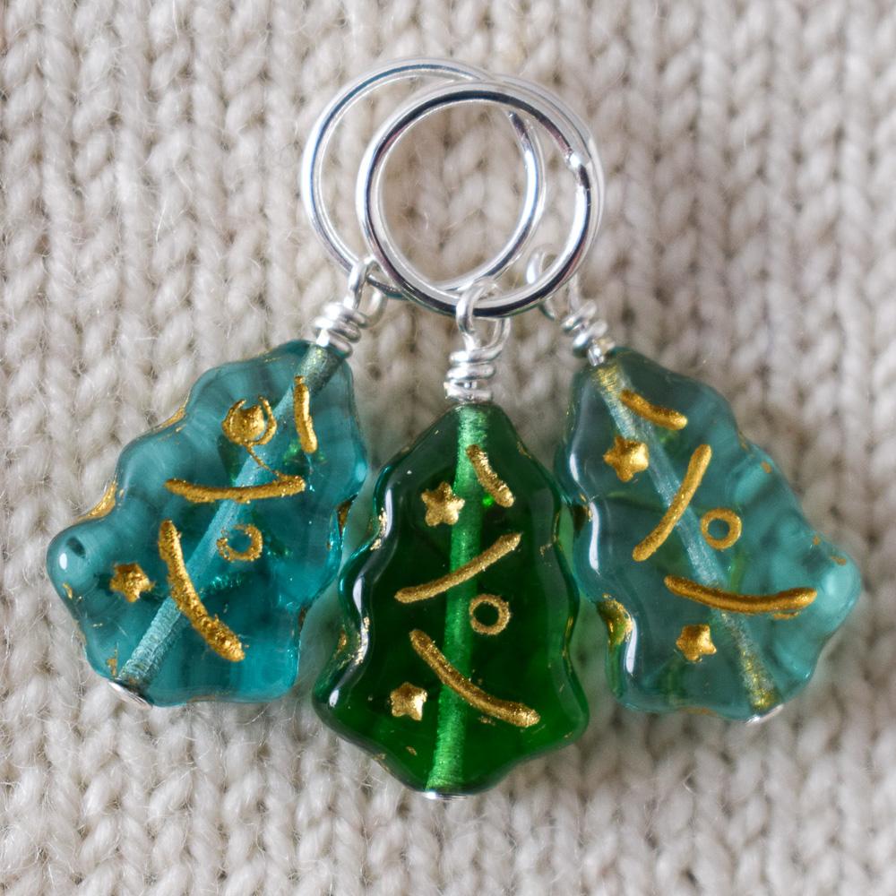 Light Blue and Green Christmas Tree Stitch Markers - Miss Babs Stitch Markers