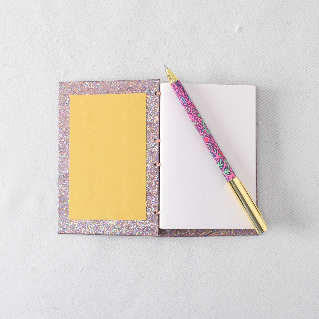 Pocket Handmade Journal with Pink Glitter Cover