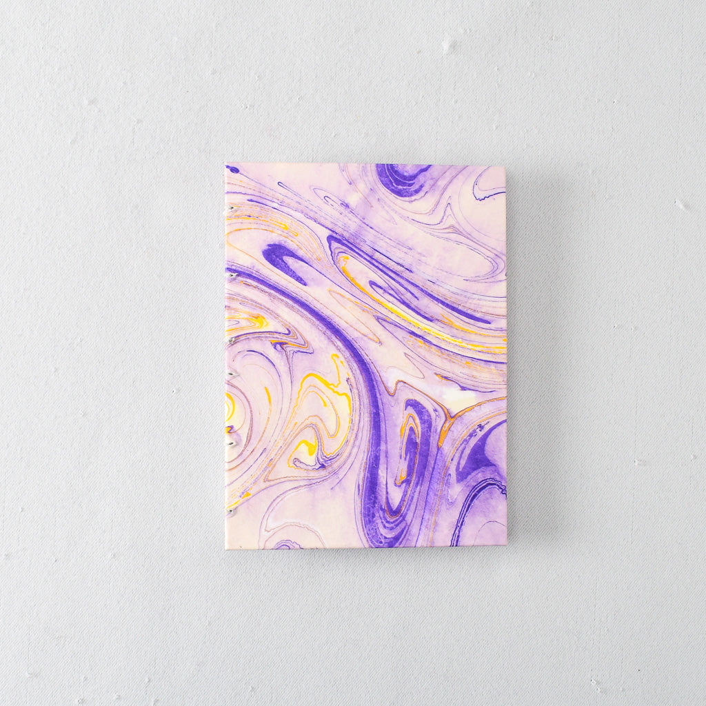 Small Handmade Journal with Purple and Yellow Marbled Cover