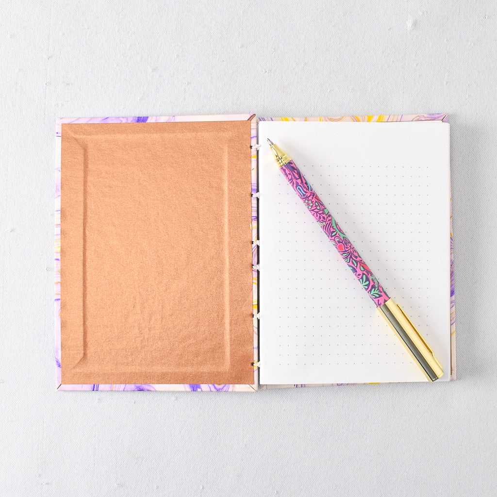 Small Handmade Journal with Purple and Yellow Marbled Cover