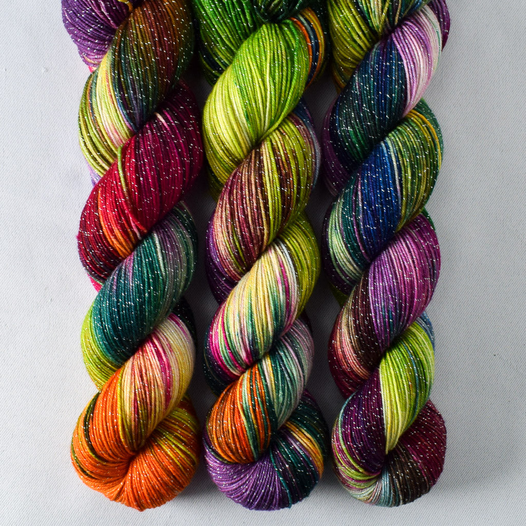 Rainbow Carwash - Miss Babs Estrellita fingering weight superwash merino and Lurex yarn