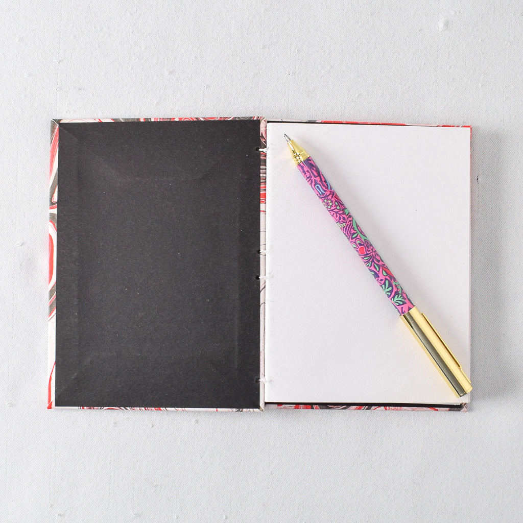 Small Handmade Journal with Red and Black Marbled Cover