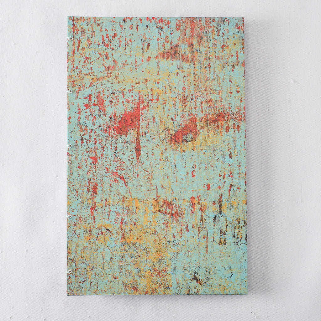 Large Handmade Journal with Teal, Red, and Yellow Print Cover