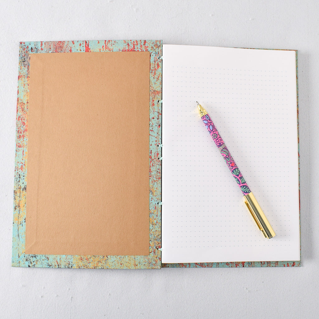 Large Handmade Journal with Teal, Red, and Yellow Print Cover